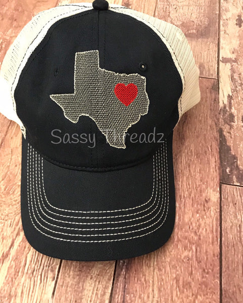 Texas Heart Embroidery Sewn Applique Trucker Hat - Sassy Threadz