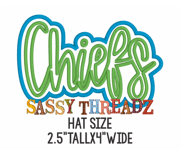 Hat Size Chiefs Satin Stitch Script Stacked Embroidery Download