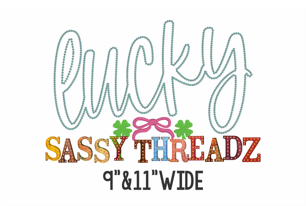Lucky Script Dot Candlewick Applique Embroidery Download Shamrocks and Coquette Bow