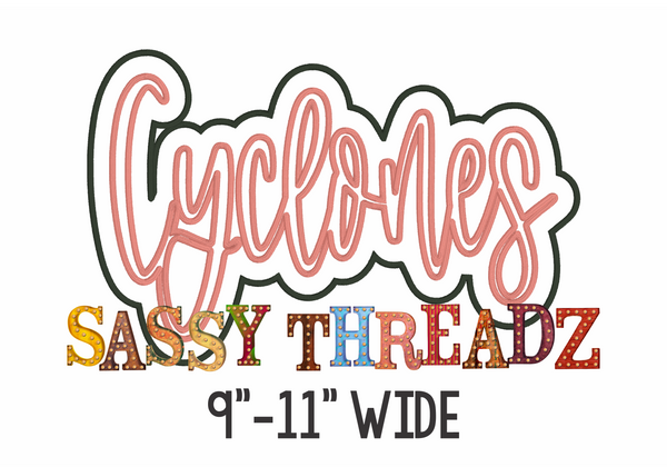 Cyclones Satin Stitch Script Stacked Embroidery Download