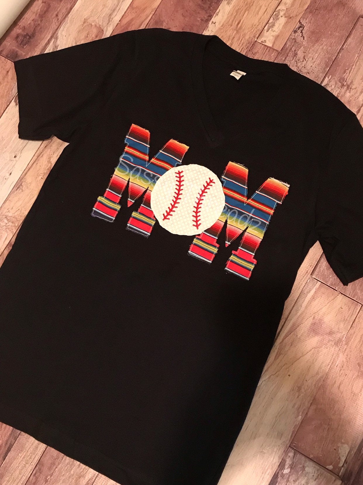 Serape Baseball Mom v-Neck Fabric Appliqué Tee - Sassy Threadz