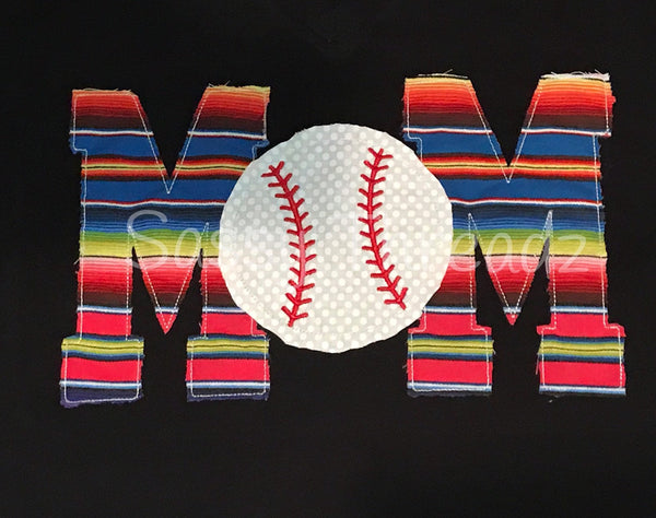 Serape Baseball Mom v-Neck Fabric Appliqué Tee - Sassy Threadz