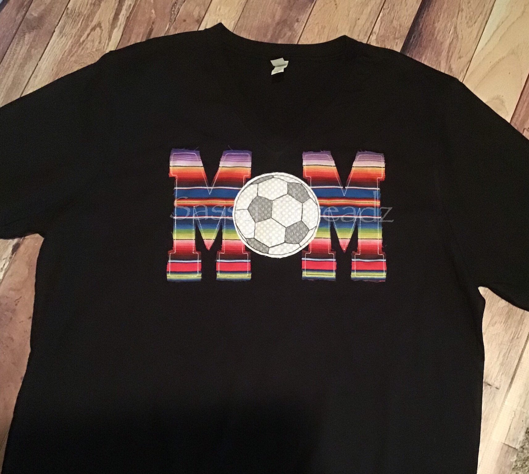 Serape Soccer Mom v-Neck Fabric Appliqué Tee - Sassy Threadz