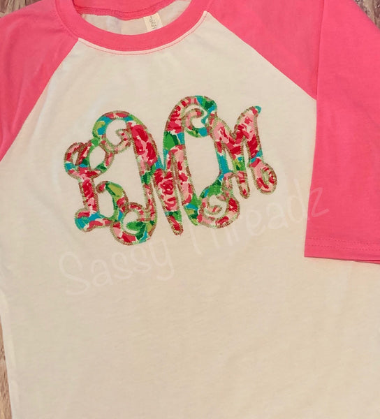 Ladies and Youth Floral Monogram Applique Raglan - Sassy Threadz