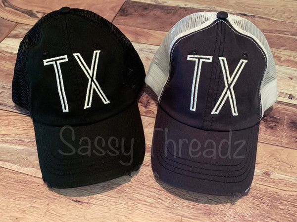 TX Texas Embroidered Trucker Hat - Sassy Threadz