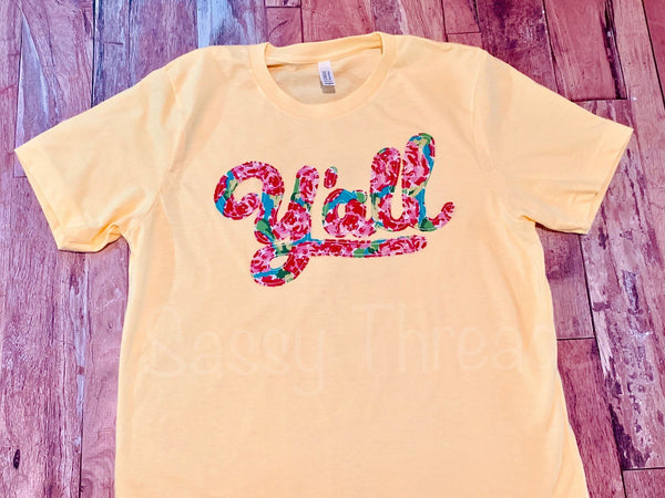 Y'all Floral Applique Fabric Crew Neck Tee - Sassy Threadz