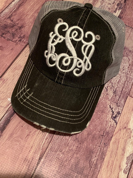 Monogram Trucker Hat/Embrodiery Fancy Vine Cursive - Sassy Threadz