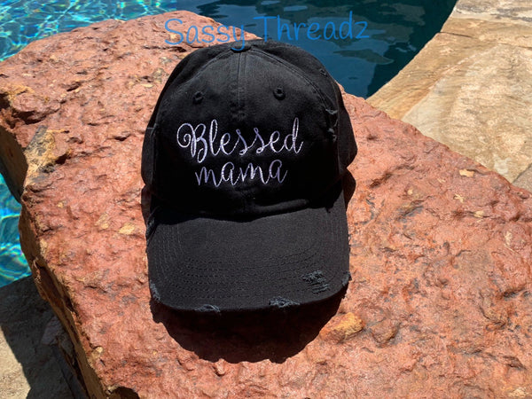 Blessed Mama Black Distressed Hat - Sassy Threadz