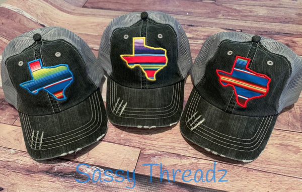 Serape Texas State Applique Fabric Hat Mesh Back Trucker - Sassy Threadz