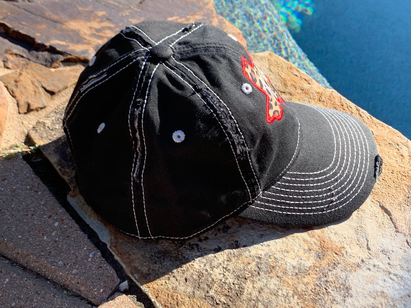 Leopard Texas Tech Red Raider Wreck 'Em Sewn Applique Hat - Sassy Threadz