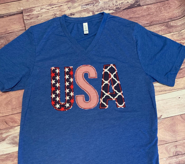 USA Patriotic 4th of July Ladies Appliqué Bella Canvas unisex fit V-neck cute gift - Sassy Threadz