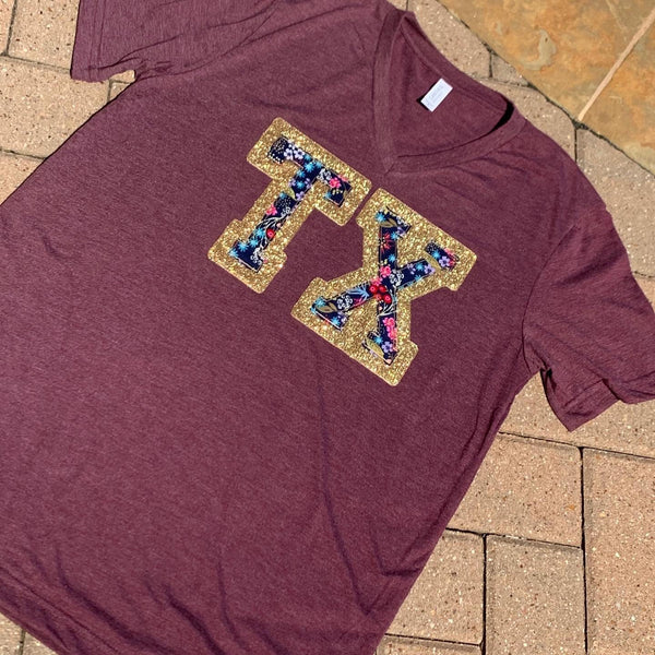 Glitter and Fabric Texas TX Any State Abbreviation V- Neck Tee - Sassy Threadz